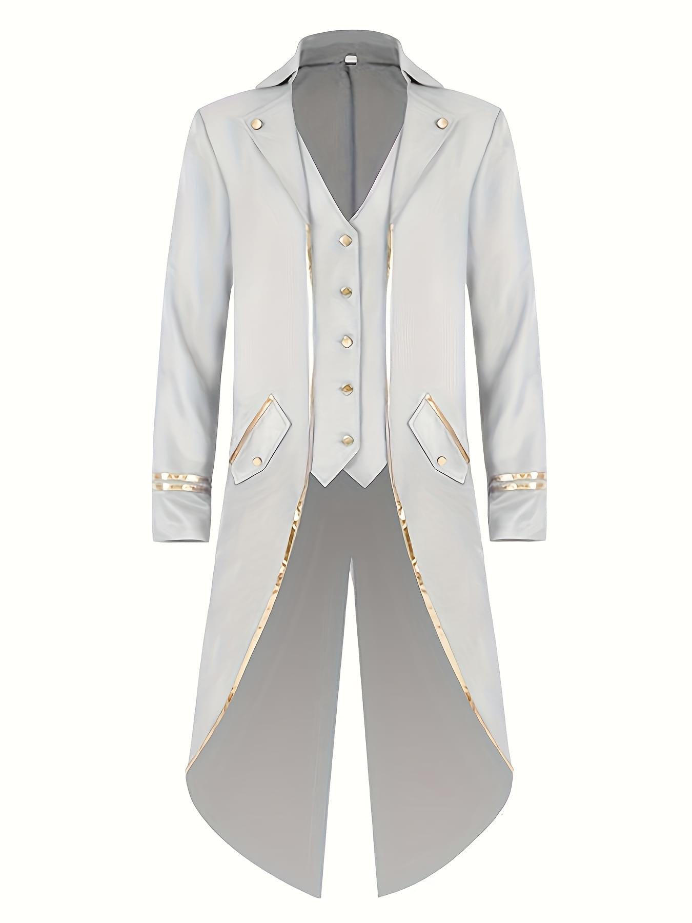 Vintage-Inspired Mid-Length Tuxedo Coat with Golden Trim - Black Retro Punk Style for Halloween, Stage Performances & Themed Events, Stage Performance Attire | Ornate Golden Detailing | Polyester Fiber Coat