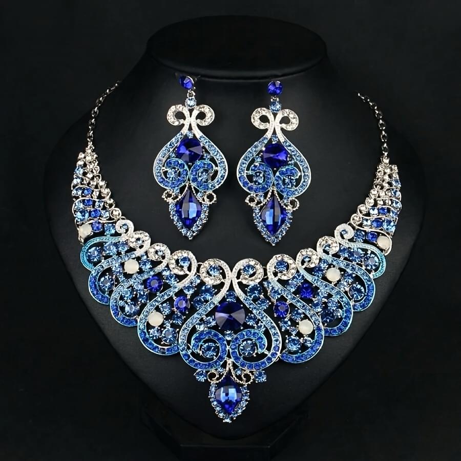 Exaggerated Necklace And Earring Set, Blue Rhinestone Collar Chain Decoration, Vintage Dress Accessories.