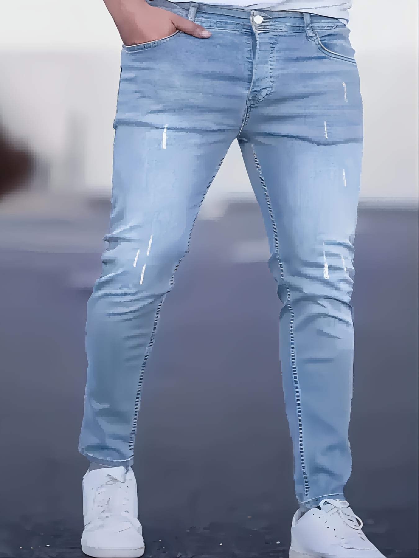 Men's Solid Ripped Denim Pants With Pockets, Causal Skinny Cotton Blend Jeans For Outdoor Activities