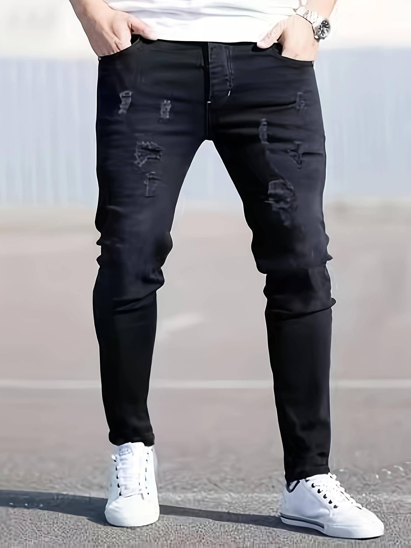 Men'S Slim Fit Black Jeans with Distressed Details - Casual, All-Season, Mid-Rise, Stretchy Denim Pants for Stylish Weekend Attire, Casual Attire Jeans|Distressed Denim Jeans|Stretchy Fabric