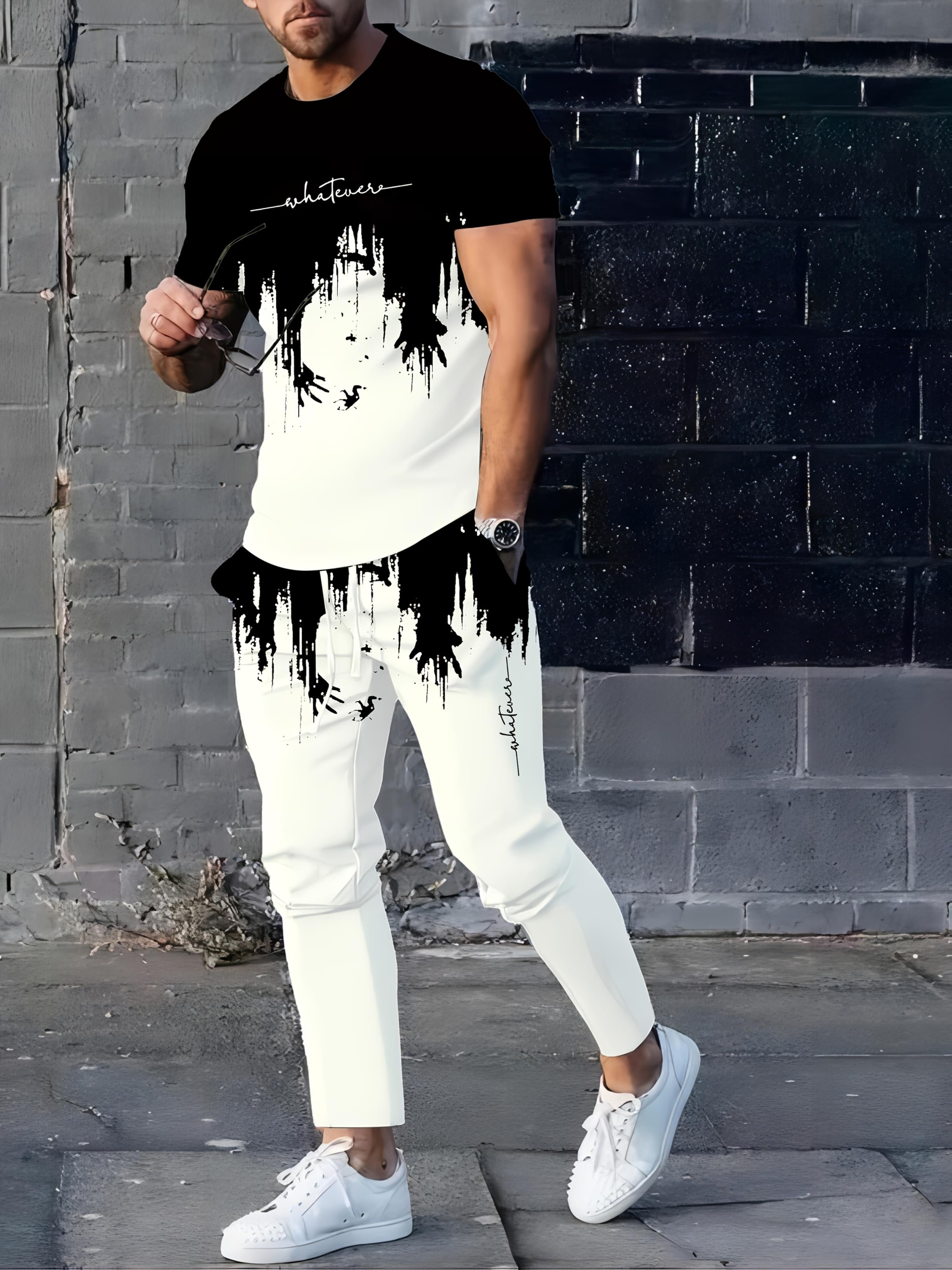 Men'S Casual 3D Digital Print Long Pants and Short Sleeve Set, Crew Neck, Regular Fit, Knit Fabric, Polyester 90%, Spandex 10%, 105g/m², for Spring/Summer/Fall - Weekend Casual Lash Sets