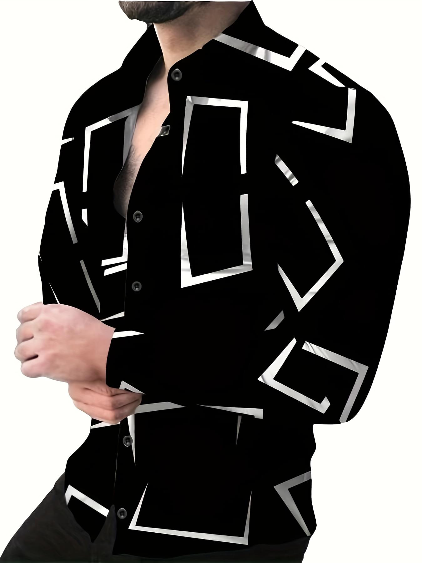 Stylish Geometric Print Long Sleeve Button Shirt - Fashionable, Versatile, and Comfortable - Perfect for Dates, Beach Holidays, and as Gifts