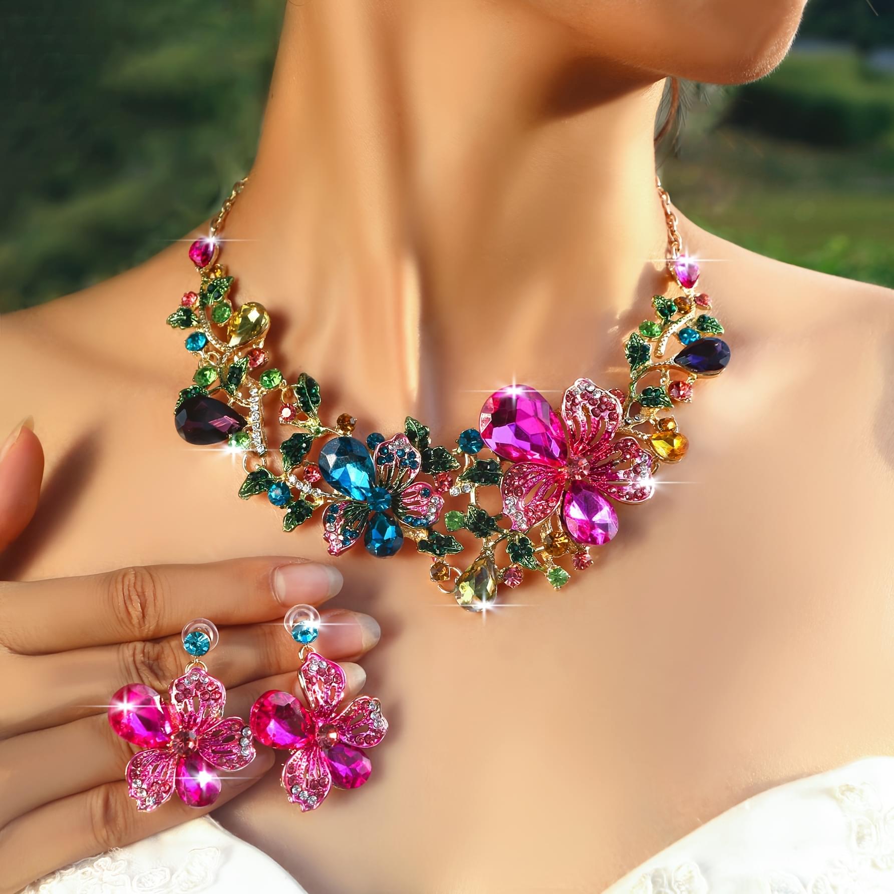A Luxurious And Sparkling Floral Colored Necklace And Earring Set, Perfect for Brides, Wedding Jewelry, And Party Accessories with a Bling Effect.
