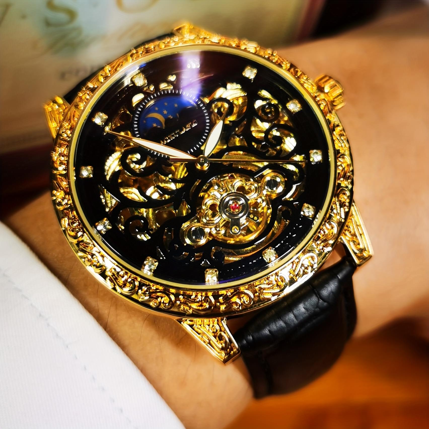 AOKULASIC 1pc Men Luxury Golden Skeleton Tourbillon Automatic Mechanical Watch for Men Luminous Hands Moon Phase Top Brand Black Faux Leather Strap Vintage Case Top Brand Business Casual Mens Watches Anniversary Christmas Valentine'S Day New Year Gifts, Without Battery