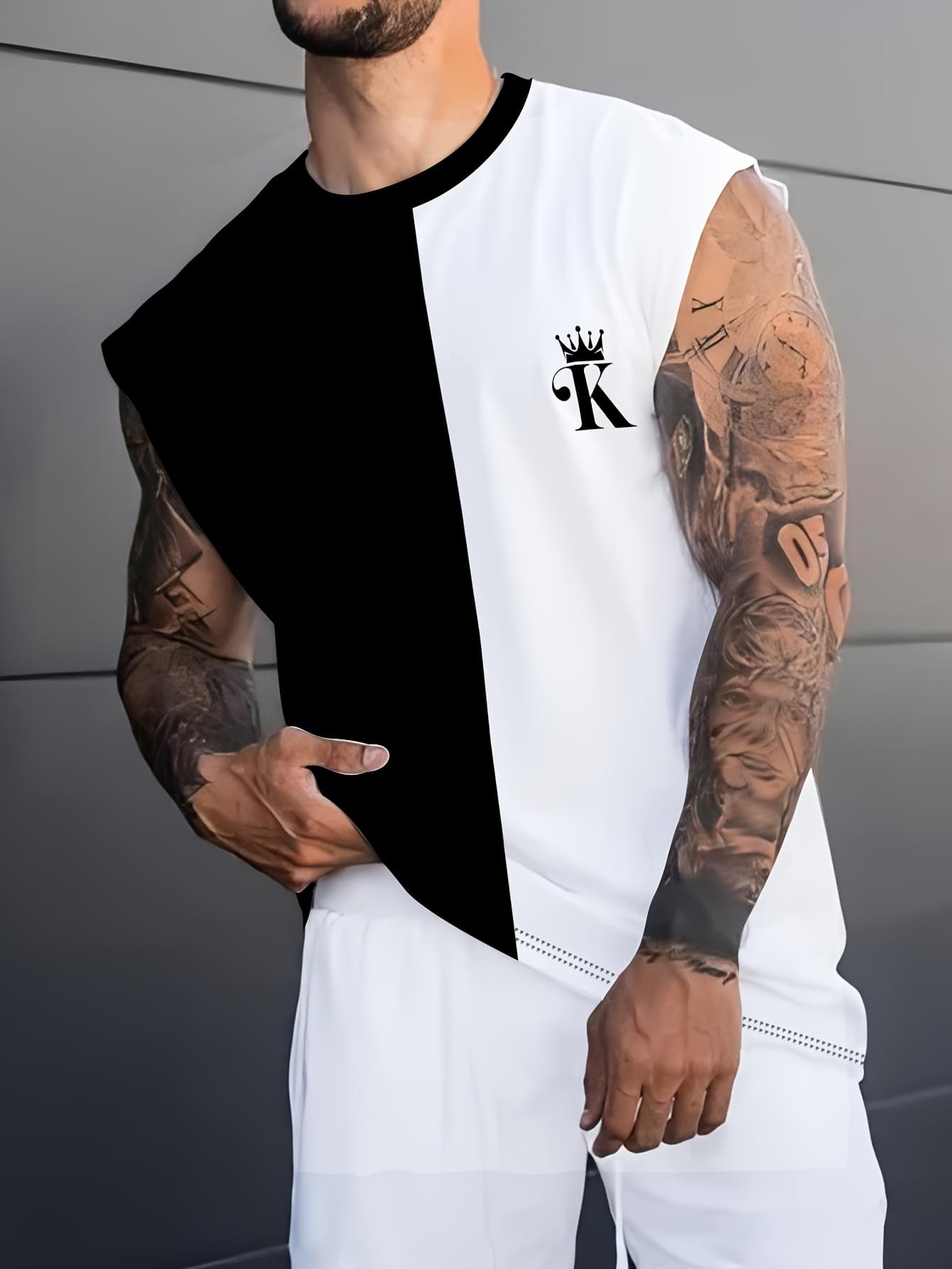 Men's Breathable 3D Color Block Sleeveless T-Shirt - Casual Summer Fitness & Basketball Sports Tee with Crown Print, Black & White Design, Lightweight Polyester-Spandex Blend, Round Neck, Machine Washable, Basketball Shirt