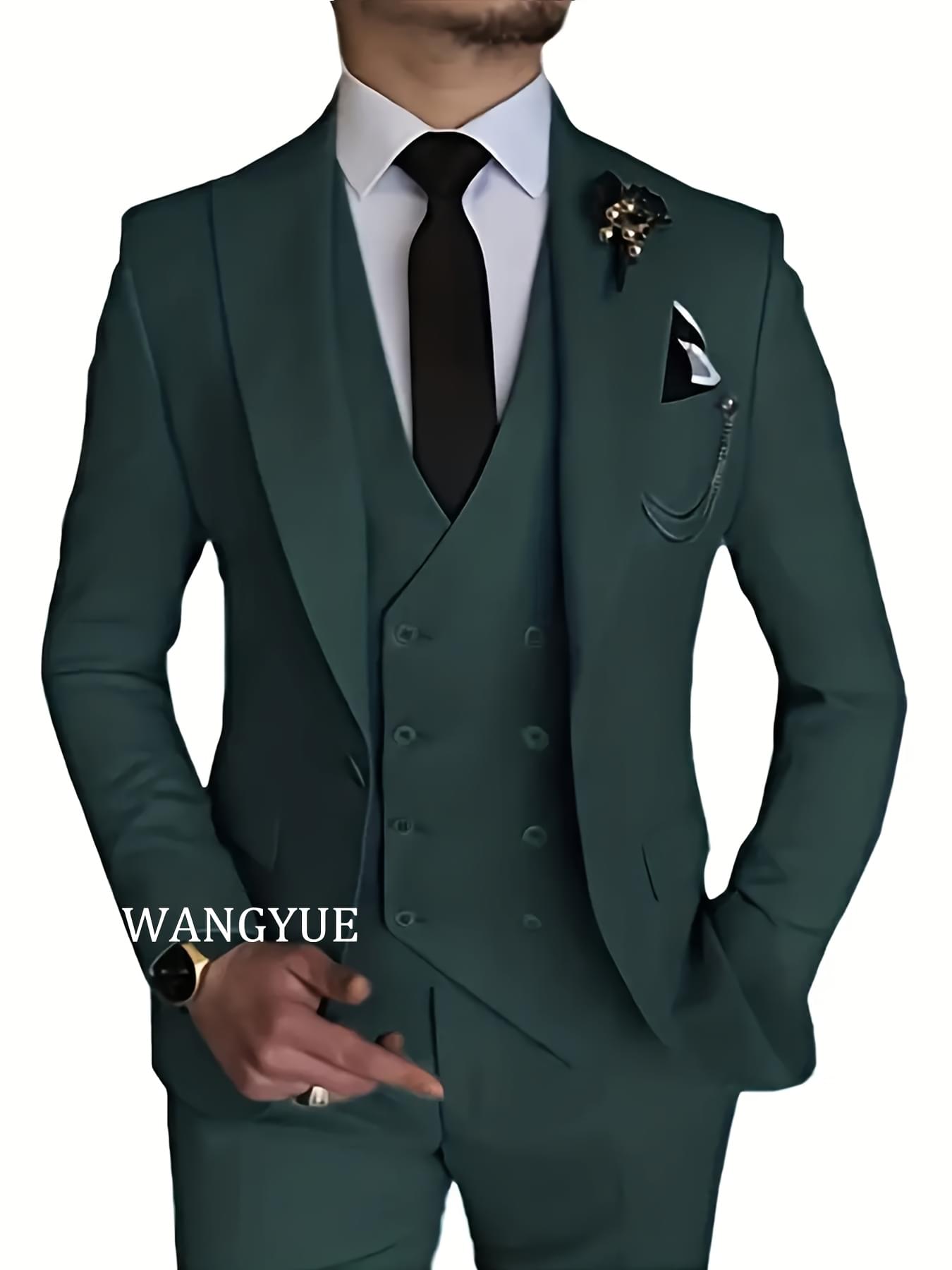 WANGYUE Men'S 3pcs Suit Set - Slim Fit Viscose 80%, Polyester 20% Business Formal Wedding Dance Party Suit with Vest and Pants, Solid Color, Non-Stretch Fabric, Regular Fit, Peak Lapels, All Seasons