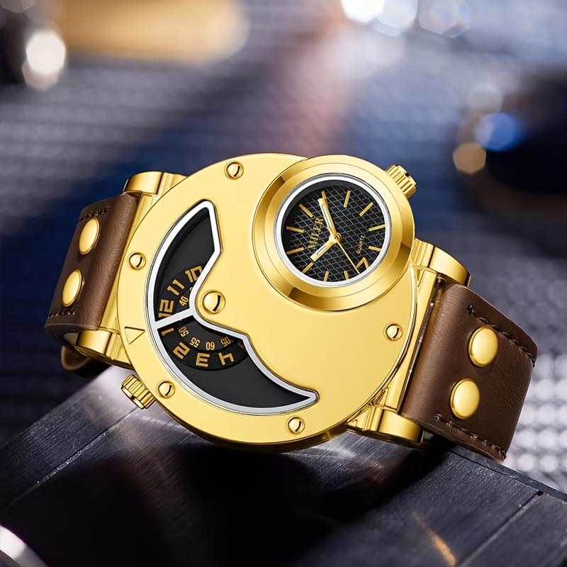 Elegant Men's Quartz Watch with Dual Time Display - Golden-Tone, Faux Leather Strap, Business Style