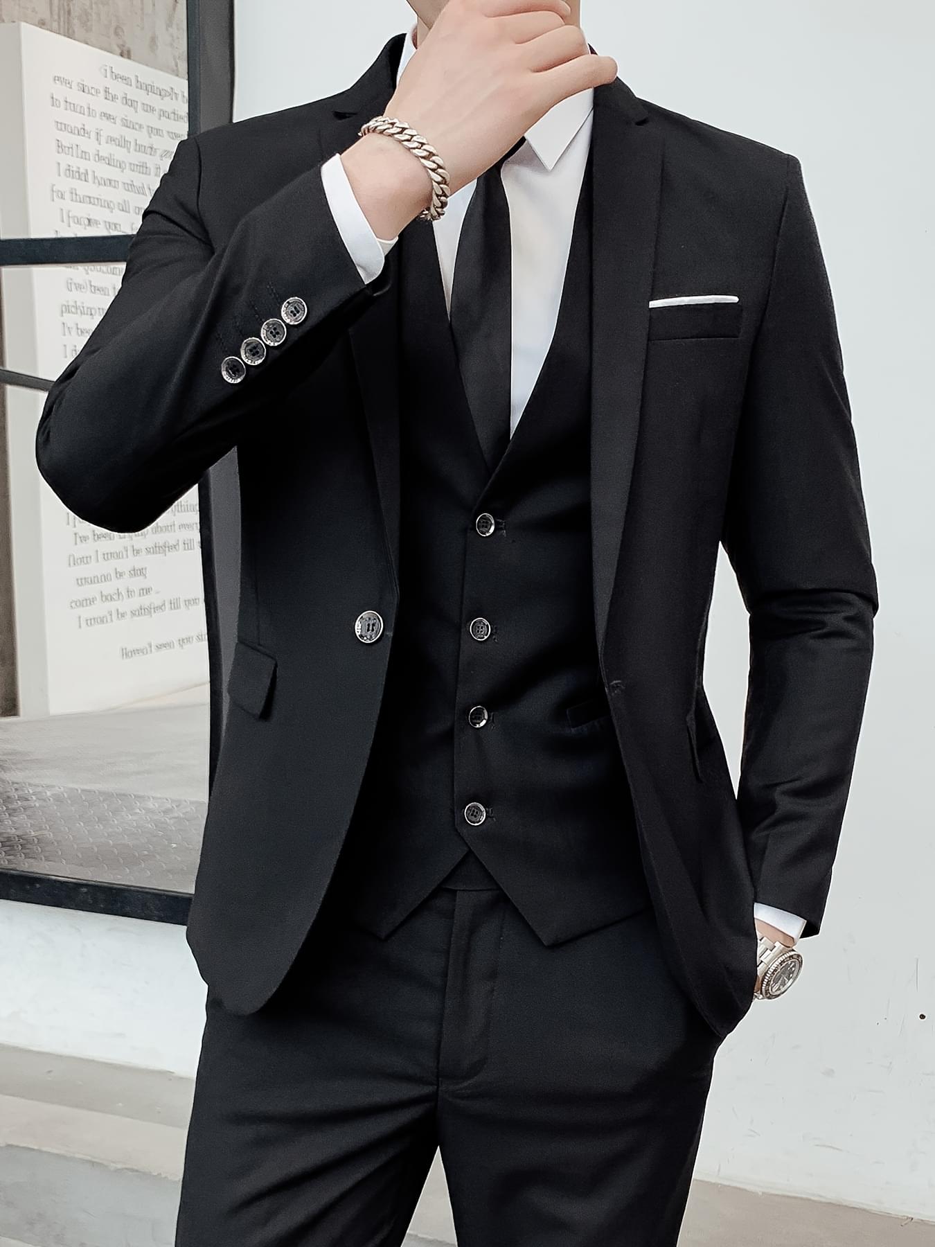 Guireniao Men'S 1pc Black V-Neck Suit Jacket - Elegant Wedding & Business Attire with Pocket, Non-Stretch Fabric, Perfect for Spring/Summer/Fall