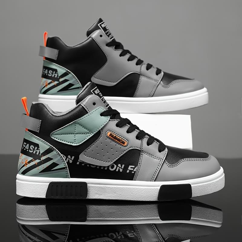 1 Pair Men'S High-Top Chunky Sneakers, Preppy Style Casual Sports Shoes with Faux, Fabric Lining, PVC Sole, Round Toe, Lace-Up - Solid & Striped Patterns, Cartoon Design for Outdoor Activities, All-Season Comfort