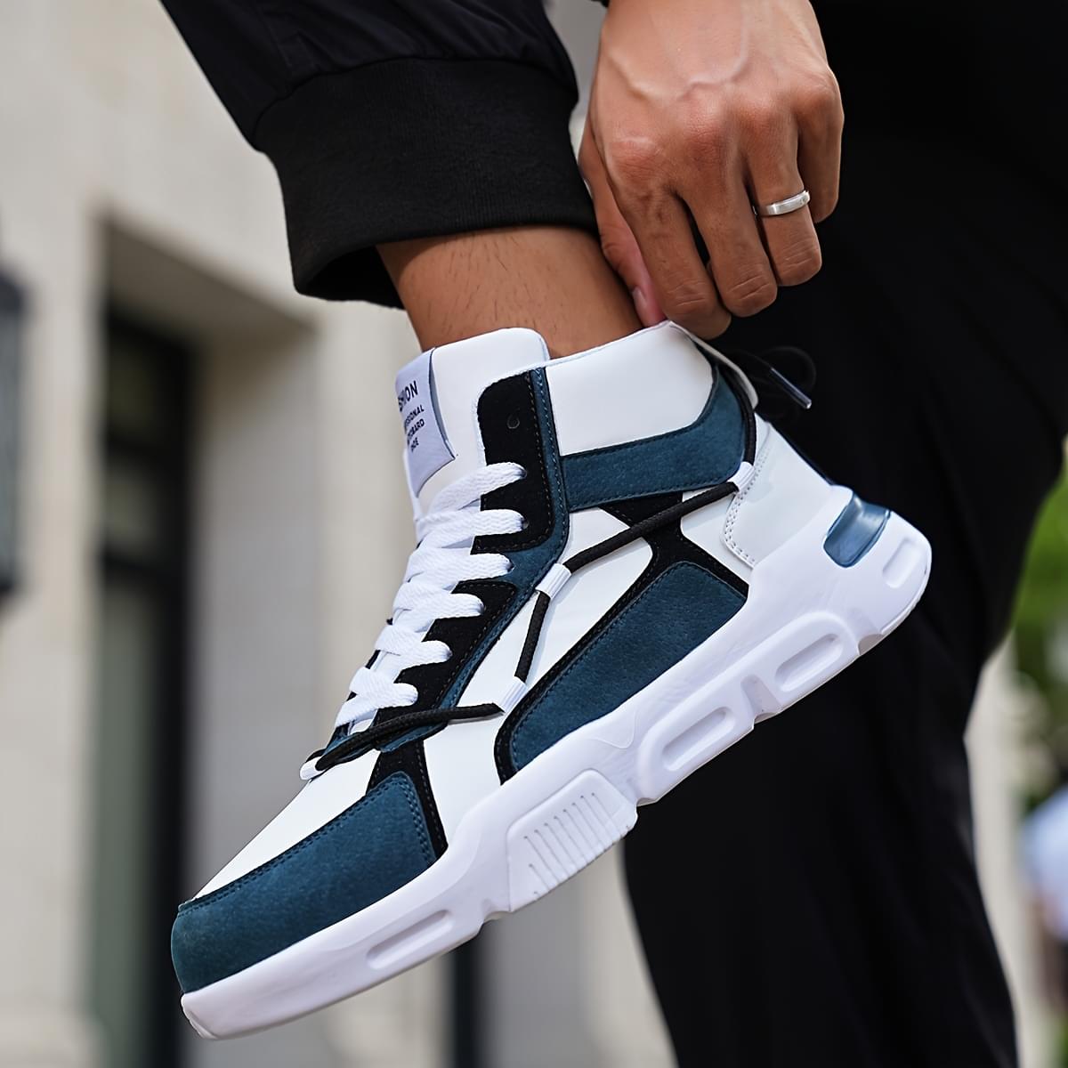 Men'S Front Strap Letter Pattern Contrast Color Double Shoelaces Fashion Design Outdoor Breathable High Top Casual Sneakers