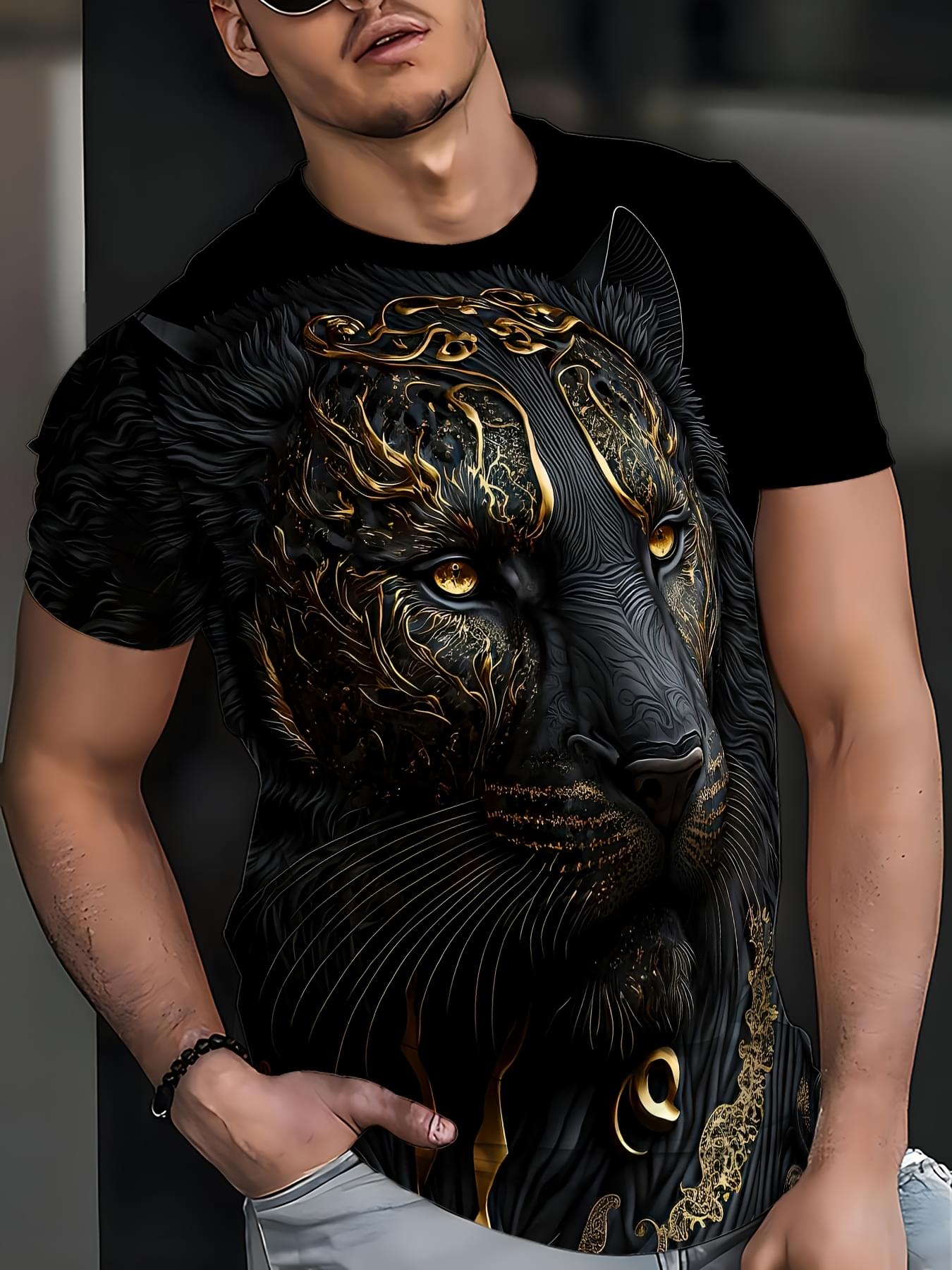 Men's 3D Leopard Print T-Shirt, Black Casual Crew Neck Short Sleeve Top with Golden Accents, Stretch Polyester Knit Fabric, Summer Sportswear, Machine Washable, Athletic Fashion | Round Neck Tee | Comfortable Fit, Leopard Print Shirt