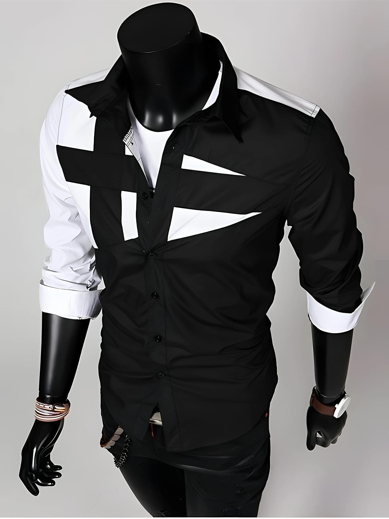 Men'S Fashion Print Casual Shirt, Geometric Color Block Pattern, All-Season Long Sleeve Lapel Collar, Polyester 100%, Button Detail, Regular Fit, Woven Fabric, Perfect for Adult Party and Daily Wear