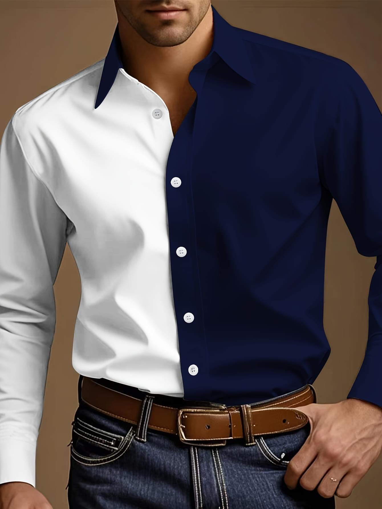 2025 New Men's Navy Blue & White Geometric Print Casual Shirt - Two-Tone Streetwear Long Sleeve Button-Up with Lapel Collar, Machine Washable for Vacation, Outdoor & Daily Wear