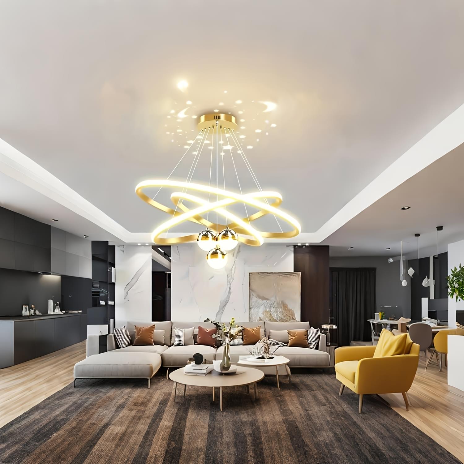 Modern 3-Ring LED Chandelier with Golden Accents - Adjustable Brightness, Sleek Metal Design for Living Room, Kitchen, Office, or Dining Area, 50+40+30cm, Modern Dining Light|Elegant Chandelier|Durable Metal Construction, Chandelier Lighting