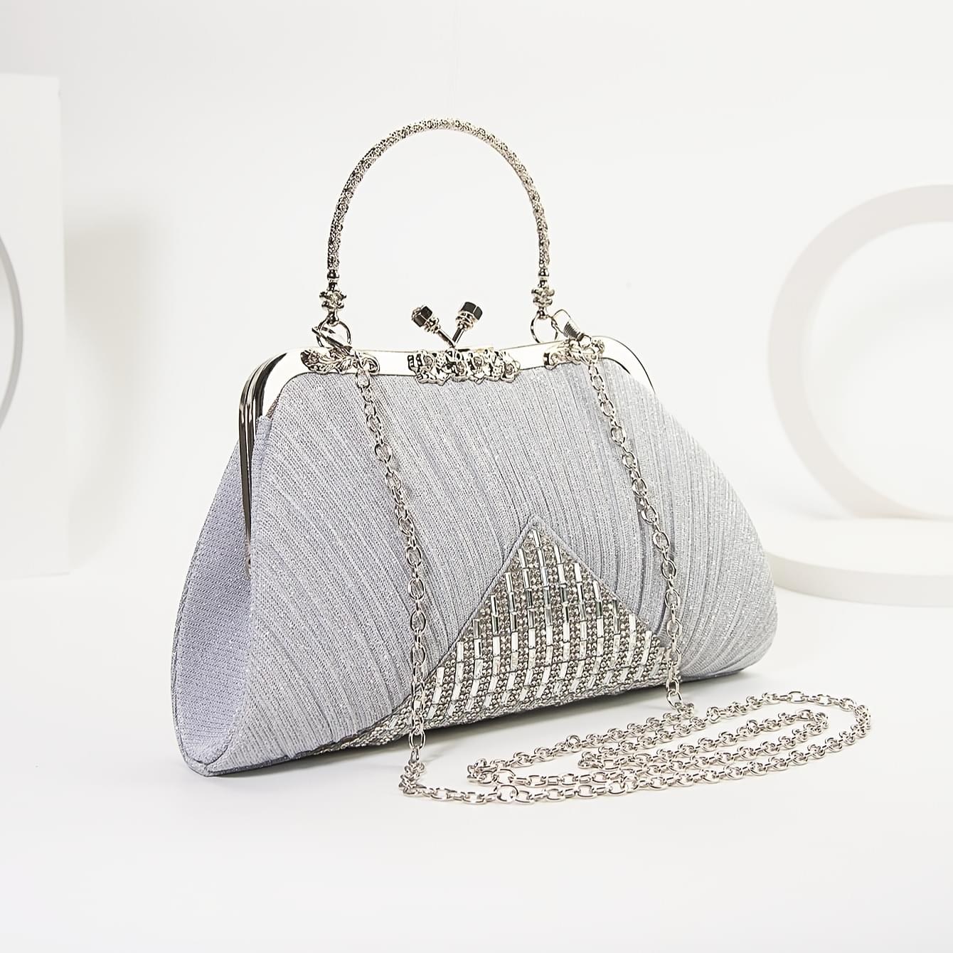 Gorgeous Rhinestone Evening Bag with Pleated Clasp Handbag, Sequined Vintage Tote Bag with Detachable Chain for Women's Dinner Party, Suitable for Parties, Dinners, Weddings
