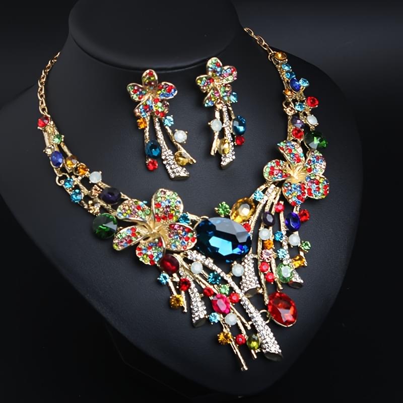 3pcs Vibrant Crystal Flower Jewelry Set - Luxurious Multicolored Necklace and Earrings, Zinc Alloy, Perfect for Bridal Parties & Celebrations, Wedding Gifts