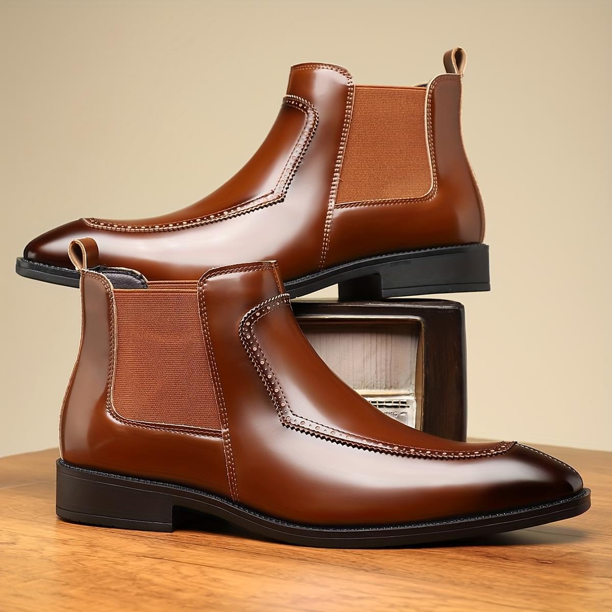 Men's Slip-On Boots - Durable Rubber Sole, Black Ankle Boots with Pointed Toe & Elastic Band, All-Season Casual Street Style Shoes