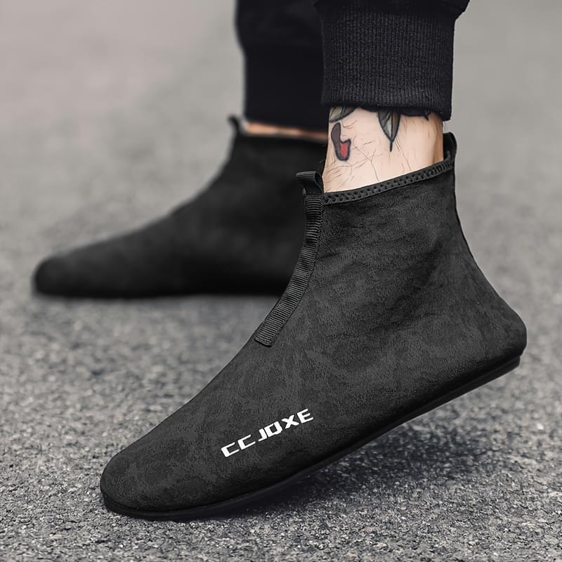 CJOXE Men's Casual Fashion Ankle Boots - Sleek Black Slip-On Walking Shoes with Geometric Design, Comfortable Fabric Lining & Durable Rubber Sole for All-Season Outdoor Activities