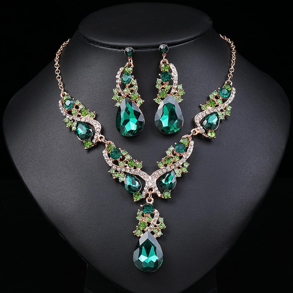 3pcs Synthetic Gemstone Necklace Earrings Set Vintage Pendant String Bride Wedding Banquet Jewelry