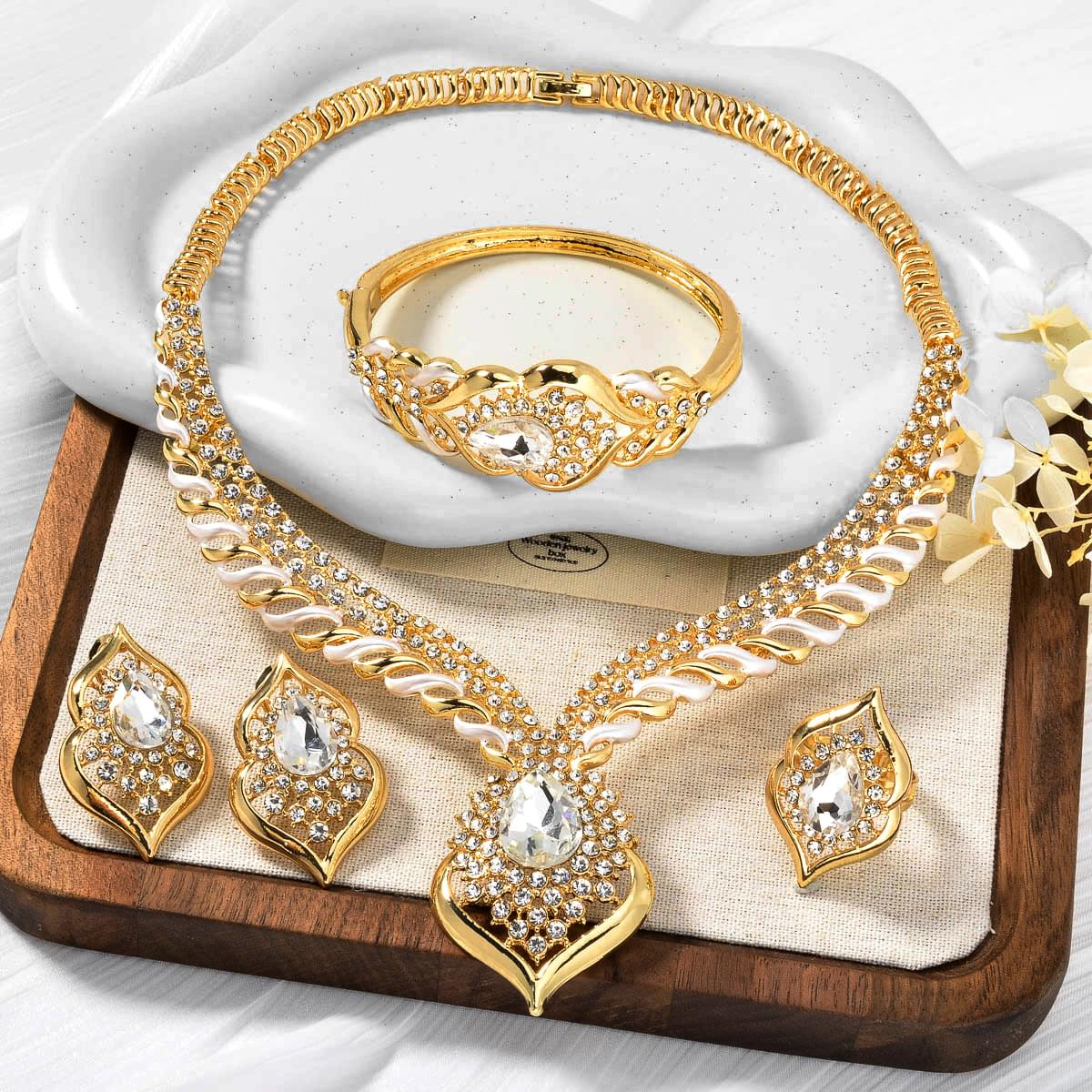 1 Set Elegant Copper Jewelry for Women - Luxury Teardrop Pendant Necklace, Bracelet, Ring, and Earrings with Synthetic Zirconia - Middle Eastern Style for Wedding, Party, Ramadan - All-Season Gift Set