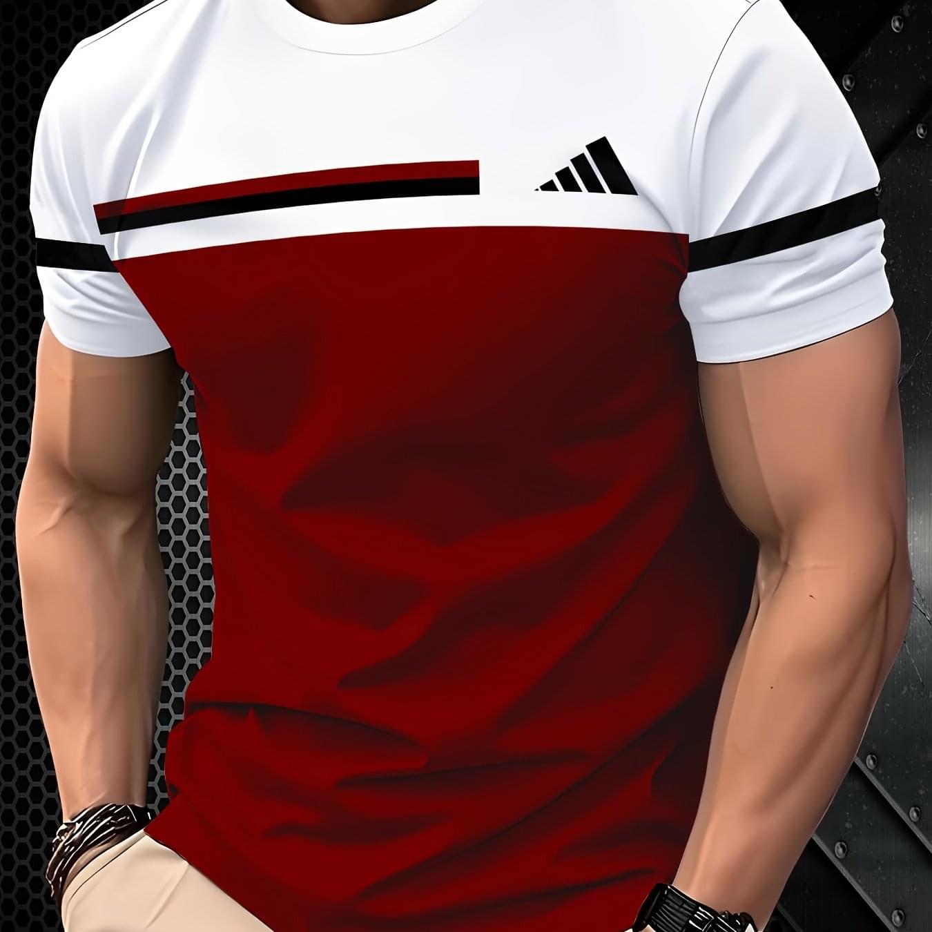 Men'S Casual 3D Print T-Shirt - Red & White Striped, Short Sleeve, Round Neck, Lightweight & Stretchy, Summer Sportswear, Sporty Casual Wear | Graphic Tee | Comfortable Fit, PLUS SIZE